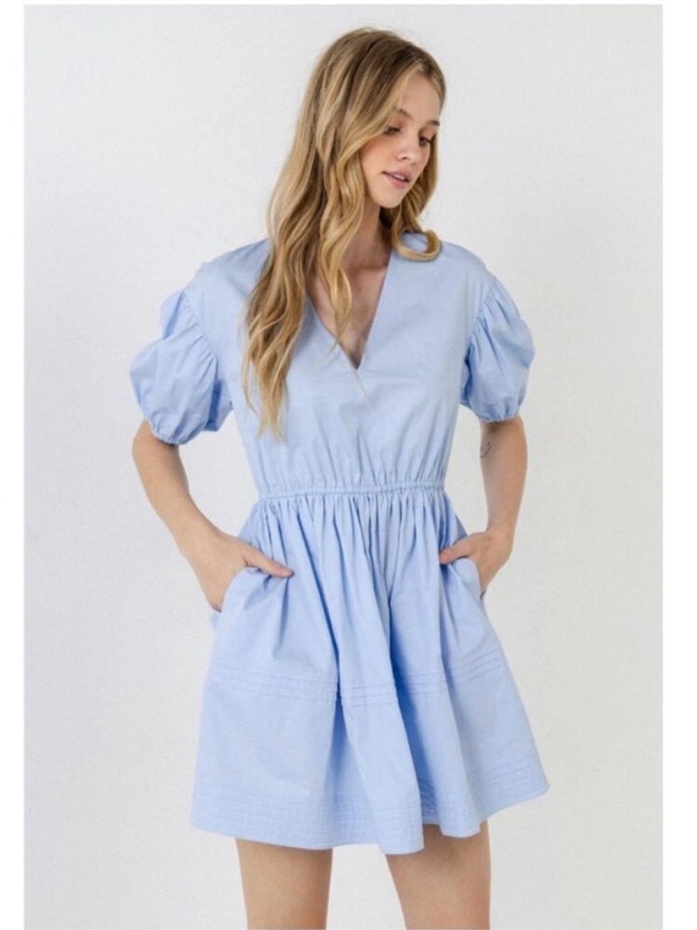 English Factory Light Blue Puff Sleeve Cotton Mini Dress Pockets Cinch Waist, M